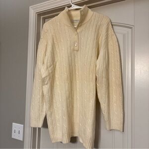 Liz Claiborne mens Large Cable Sweater Pullover Cream Button Collar Merino Wool